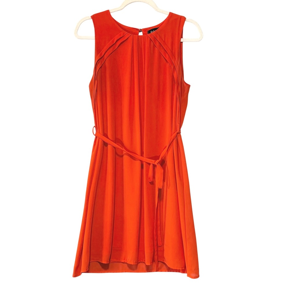 Fab'rik Orange Pleated Sleeveless Mini Dress with Tie Belt Womens Size Medium‎